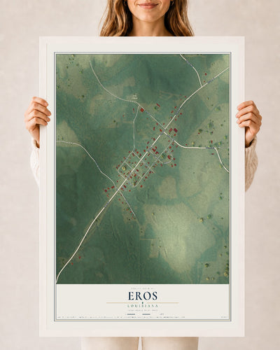 Map of Eros, Louisiana, 24 x 36 inch print in a white wood frame