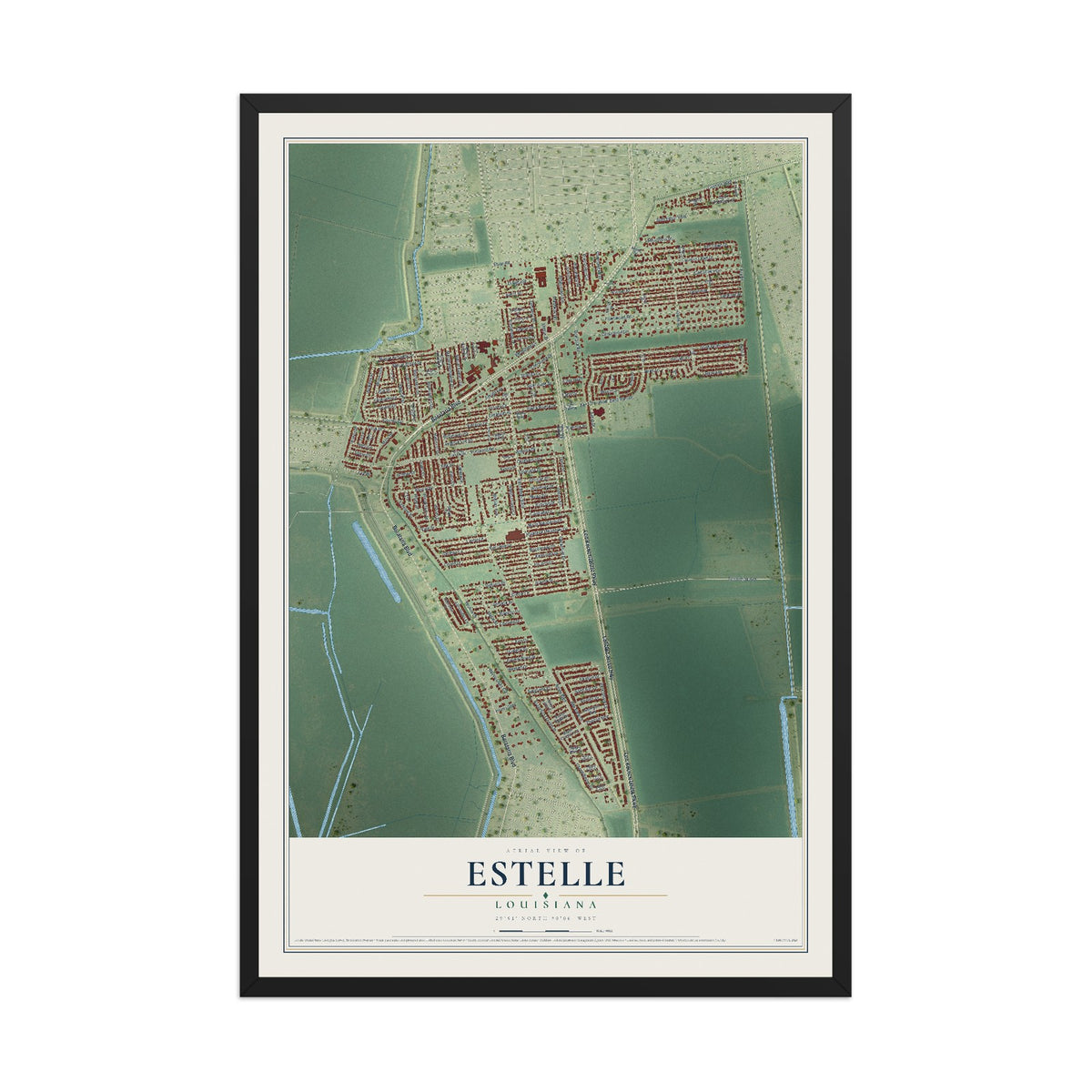 Map of Estelle, Louisiana, 12 x 18 inch print in a black wood frame
