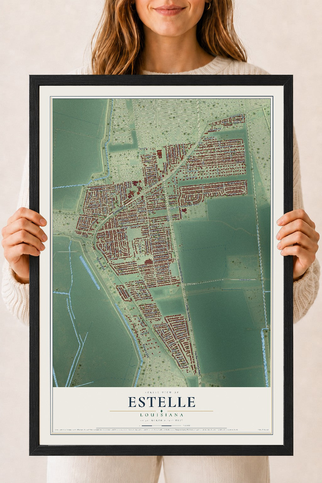 Map of Estelle, Louisiana, 18 x 24 inch print in a black wood frame