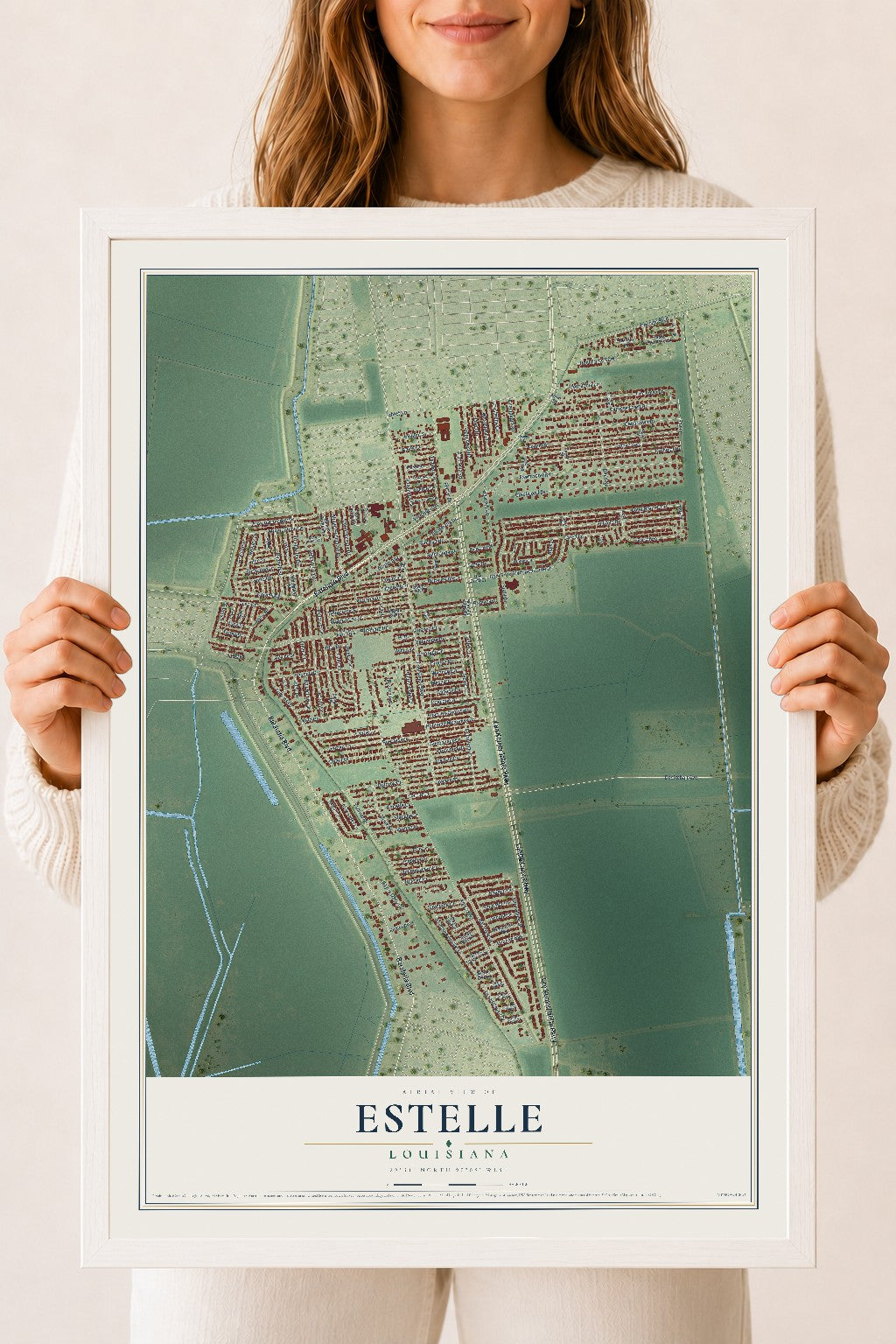 Map of Estelle, Louisiana, 18 x 24 inch print in a white wood frame