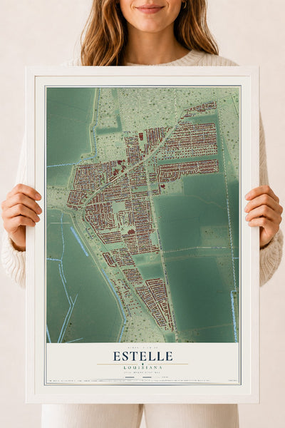 Map of Estelle, Louisiana, 18 x 24 inch print in a white wood frame