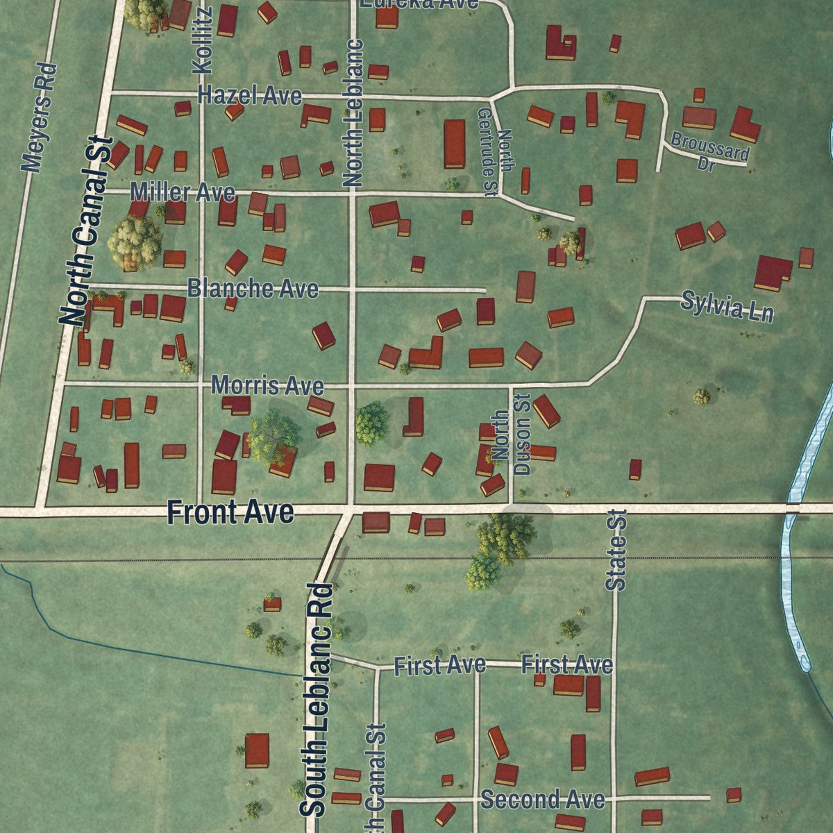 Close-up of the map of Estherwood, Louisiana print showing street and building detail