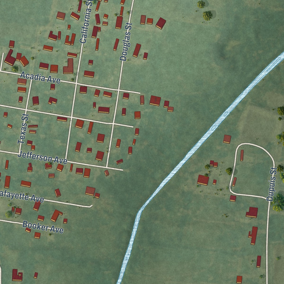 Second close-up of the map of Estherwood, Louisiana print showing more streets and buildings