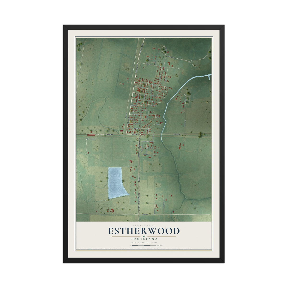 Map of Estherwood, Louisiana, 12 x 18 inch print in a black wood frame