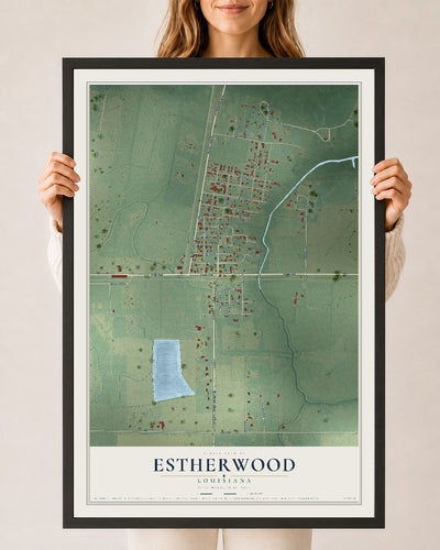 Map of Estherwood, Louisiana, 24 x 36 inch print in a black wood frame
