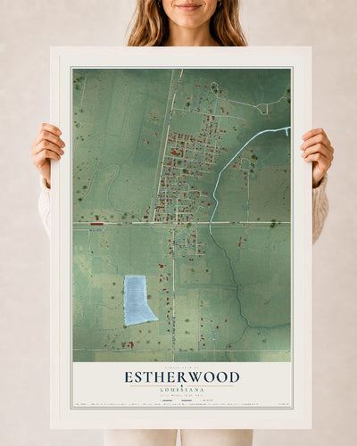 Map of Estherwood, Louisiana, 24 x 36 inch print in a white wood frame