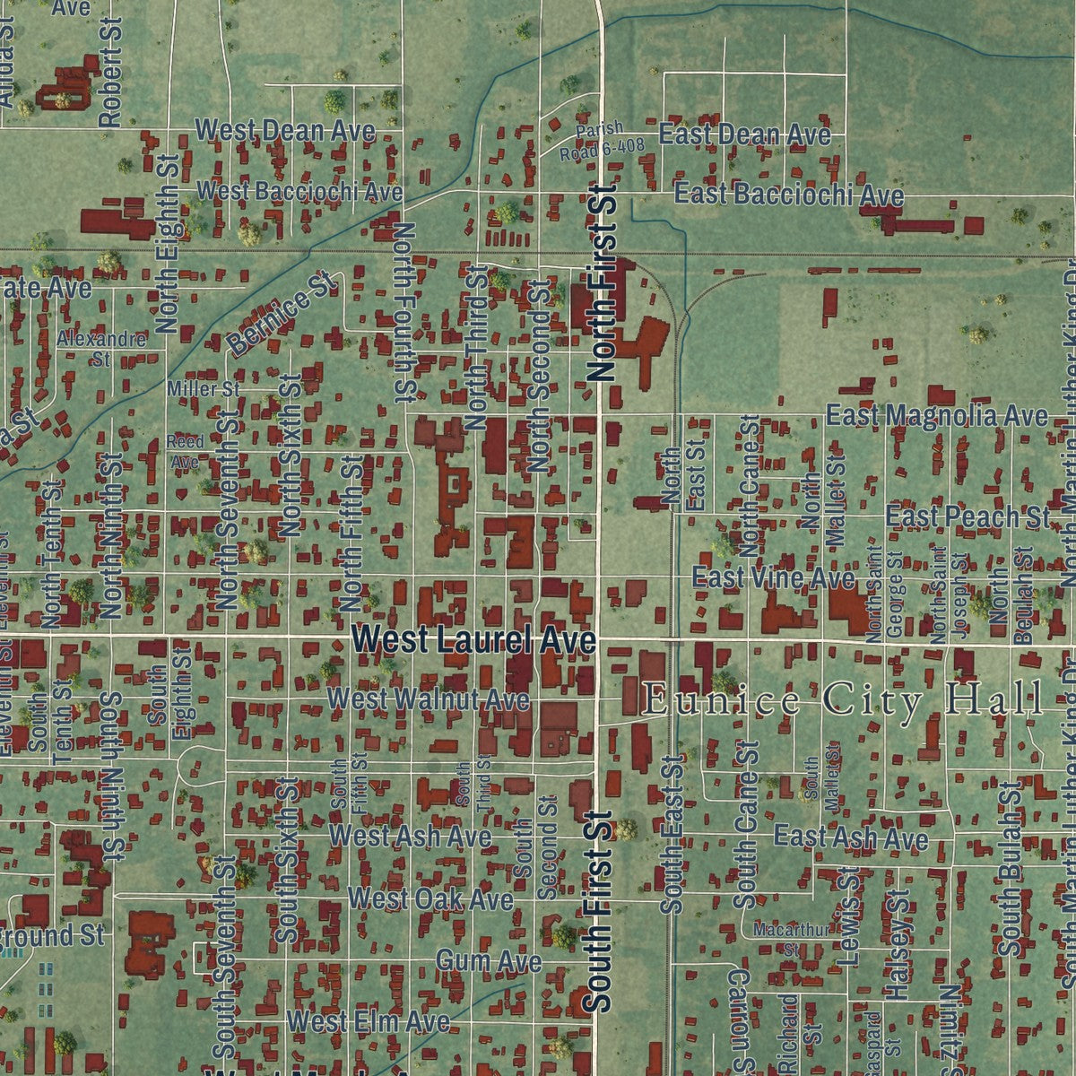 Close-up of the map of Eunice, Louisiana print showing street and building detail