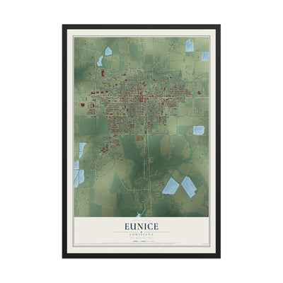 Map of Eunice, Louisiana, 12 x 18 inch print in a black wood frame