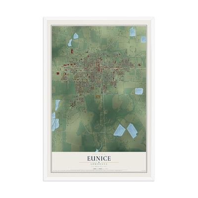 Map of Eunice, Louisiana, 12 x 18 inch print in a white wood frame