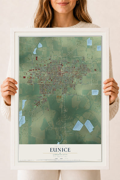 Map of Eunice, Louisiana, 18 x 24 inch print in a white wood frame