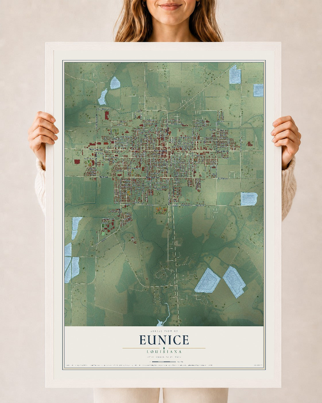 Map of Eunice, Louisiana, 24 x 36 inch print in a white wood frame