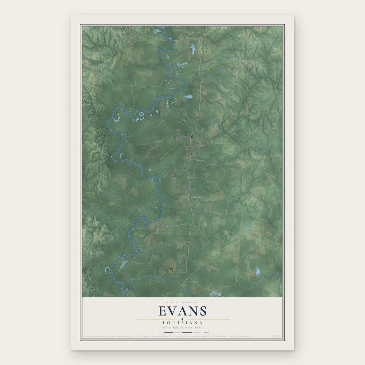Evans, Louisiana map print, the full design