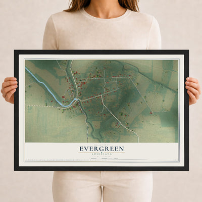 Map of Evergreen, Louisiana, 12 x 18 inch print in a black wood frame