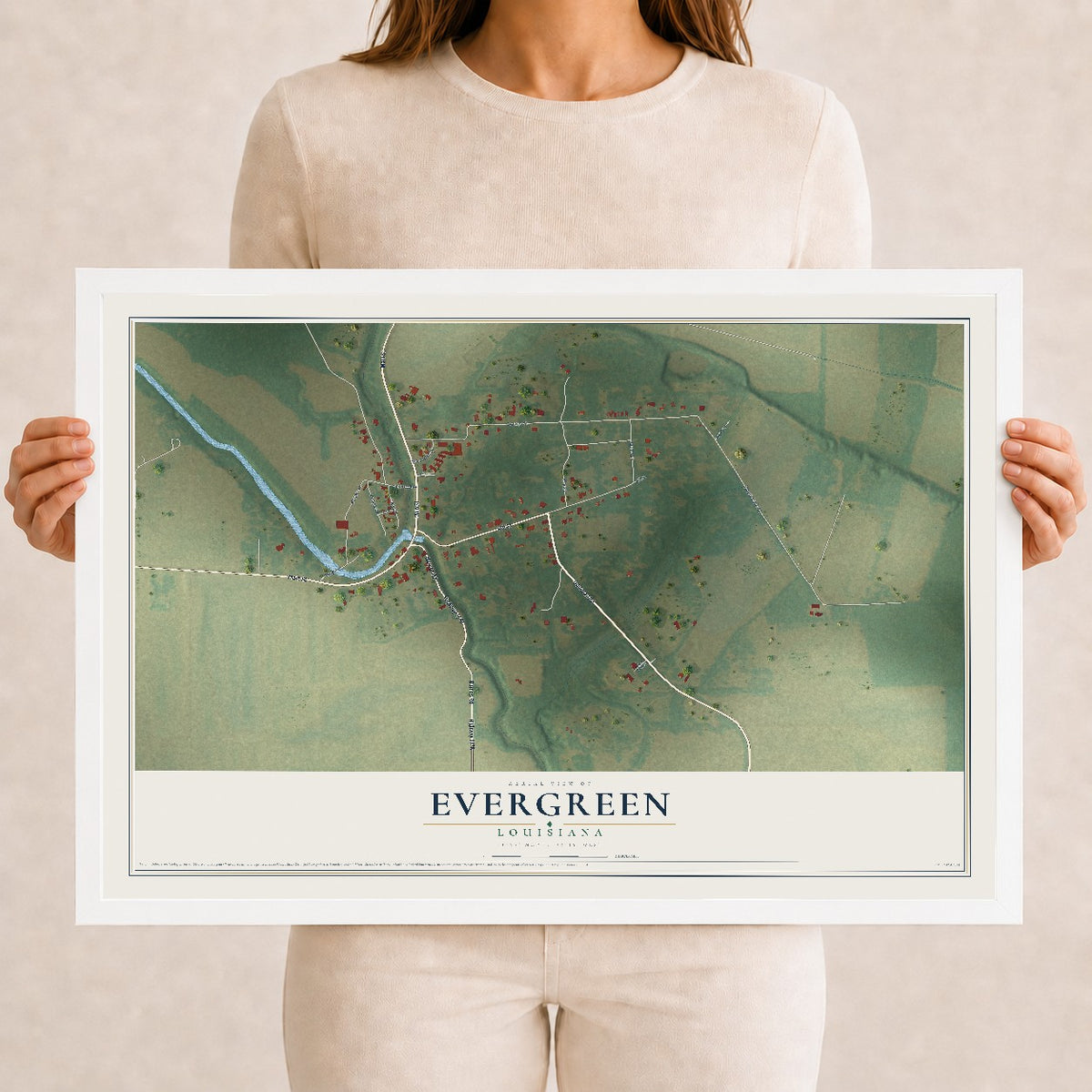 Map of Evergreen, Louisiana, 12 x 18 inch print in a white wood frame