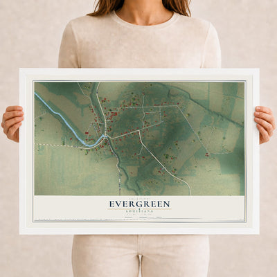 Map of Evergreen, Louisiana, 12 x 18 inch print in a white wood frame