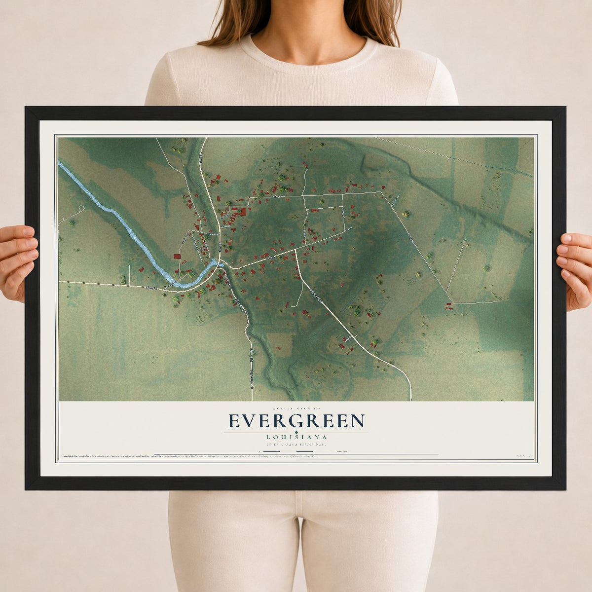 Map of Evergreen, Louisiana, 18 x 24 inch print in a black wood frame