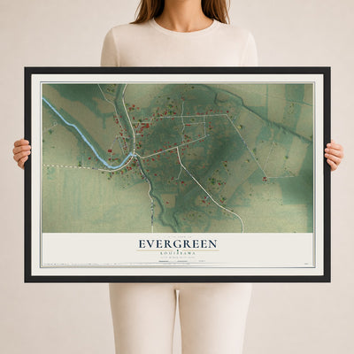 Map of Evergreen, Louisiana, 24 x 36 inch print in a black wood frame