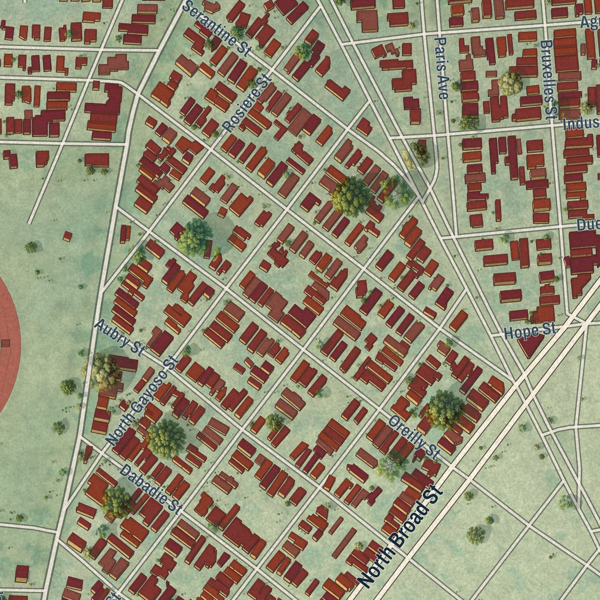 Close-up of the map of Fairgrounds - Broad, Louisiana print showing street and building detail