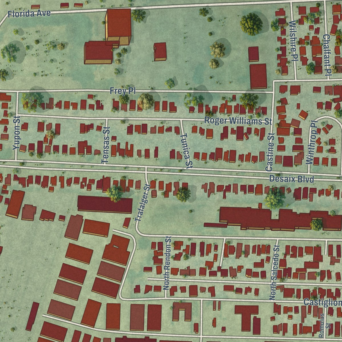 Second close-up of the map of Fairgrounds - Broad, Louisiana print showing more streets and buildings