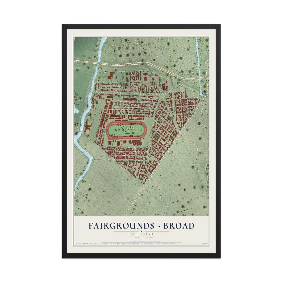 Map of Fairgrounds - Broad, Louisiana, 12 x 18 inch print in a black wood frame