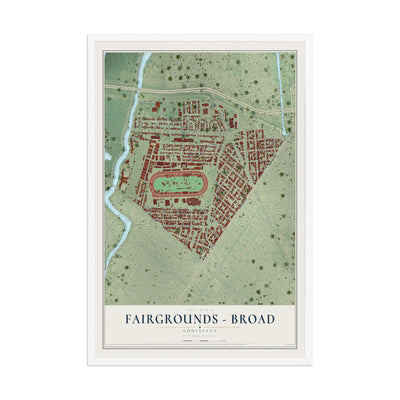 Map of Fairgrounds - Broad, Louisiana, 12 x 18 inch print in a white wood frame