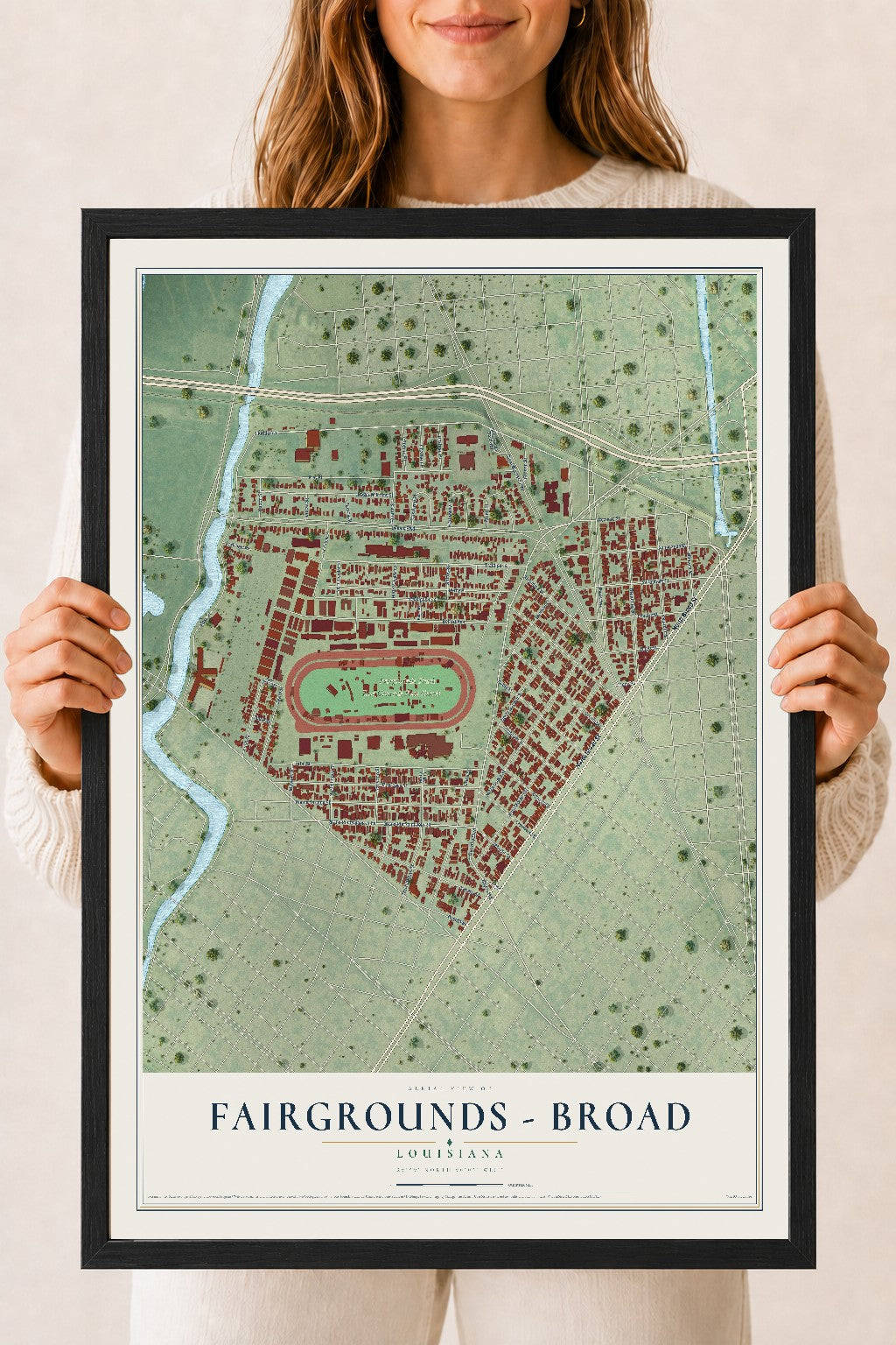 Map of Fairgrounds - Broad, Louisiana, 18 x 24 inch print in a black wood frame