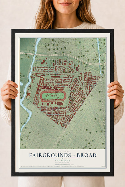 Map of Fairgrounds - Broad, Louisiana, 18 x 24 inch print in a black wood frame