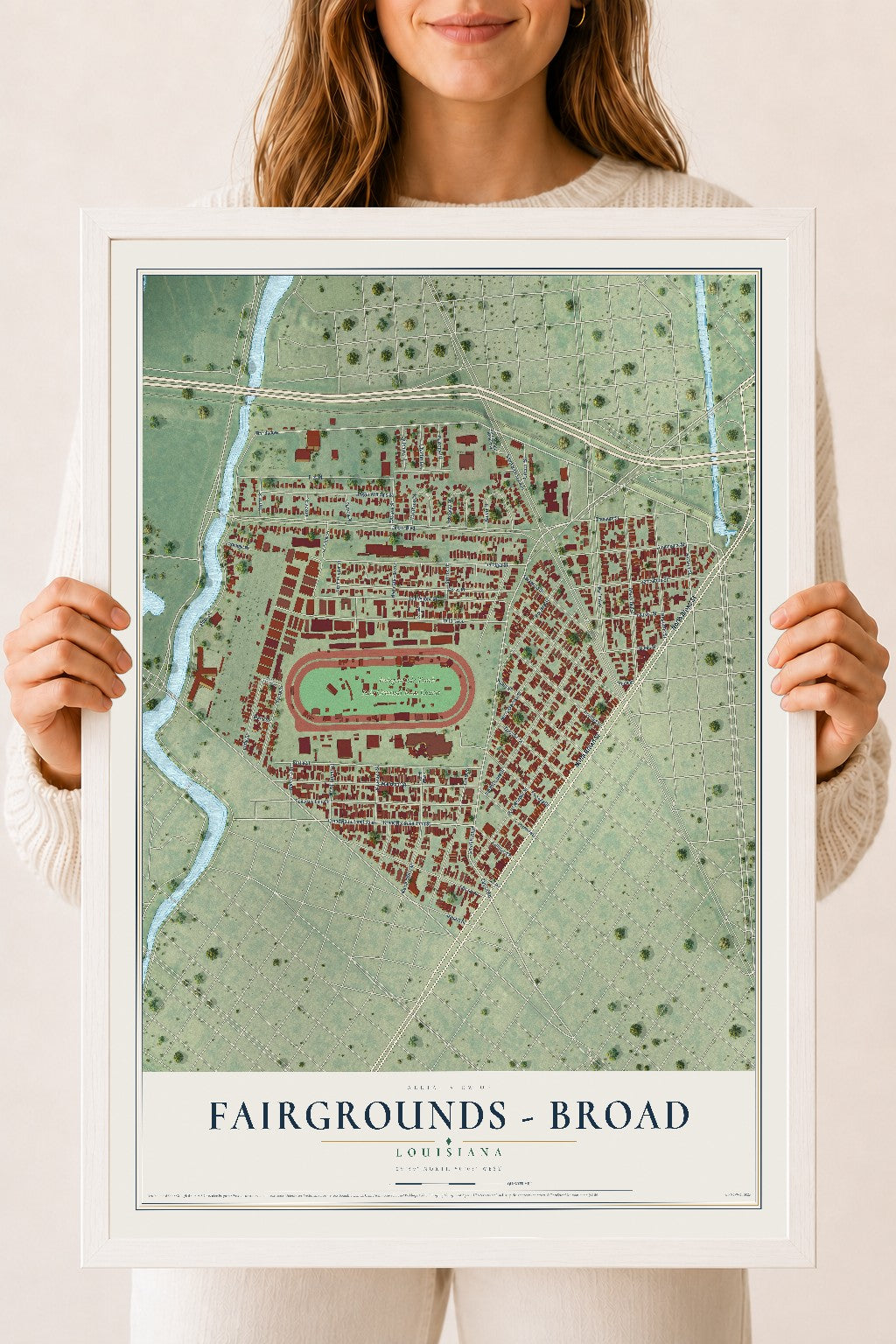 Map of Fairgrounds - Broad, Louisiana, 18 x 24 inch print in a white wood frame