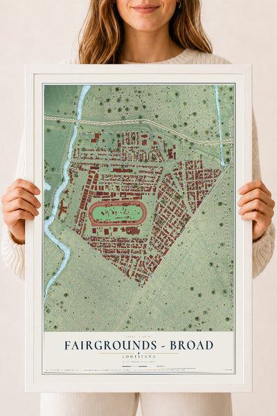 Map of Fairgrounds - Broad, Louisiana, 18 x 24 inch print in a white wood frame