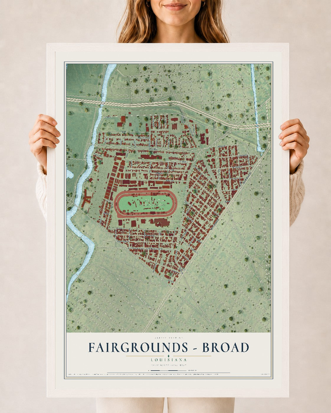 Map of Fairgrounds - Broad, Louisiana, 24 x 36 inch print in a white wood frame