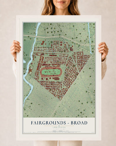 Map of Fairgrounds - Broad, Louisiana, 24 x 36 inch print in a white wood frame