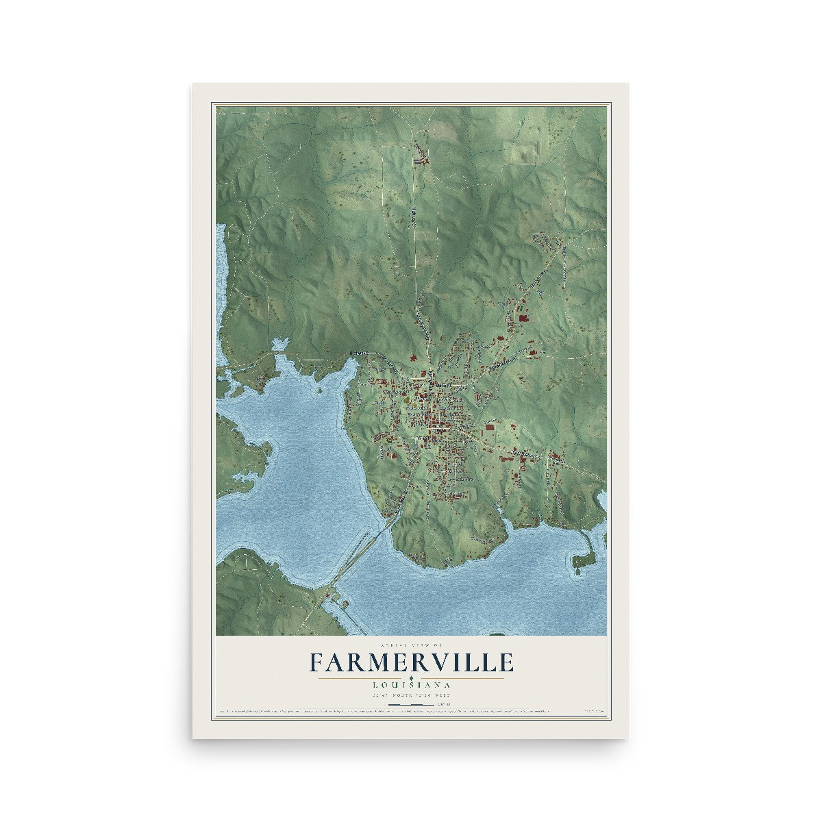 Map of Farmerville, Louisiana, 12 x 18 inch unframed archival matte print