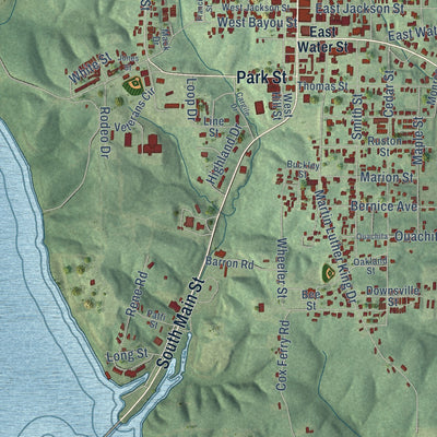 Close-up of the map of Farmerville, Louisiana print showing street and building detail