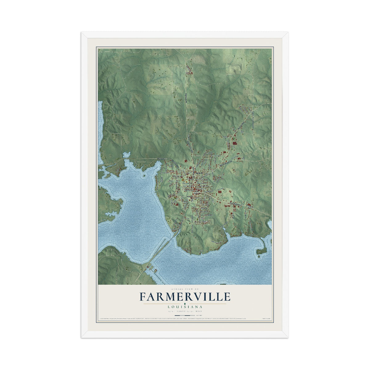 Map of Farmerville, Louisiana, 12 x 18 inch print in a white wood frame