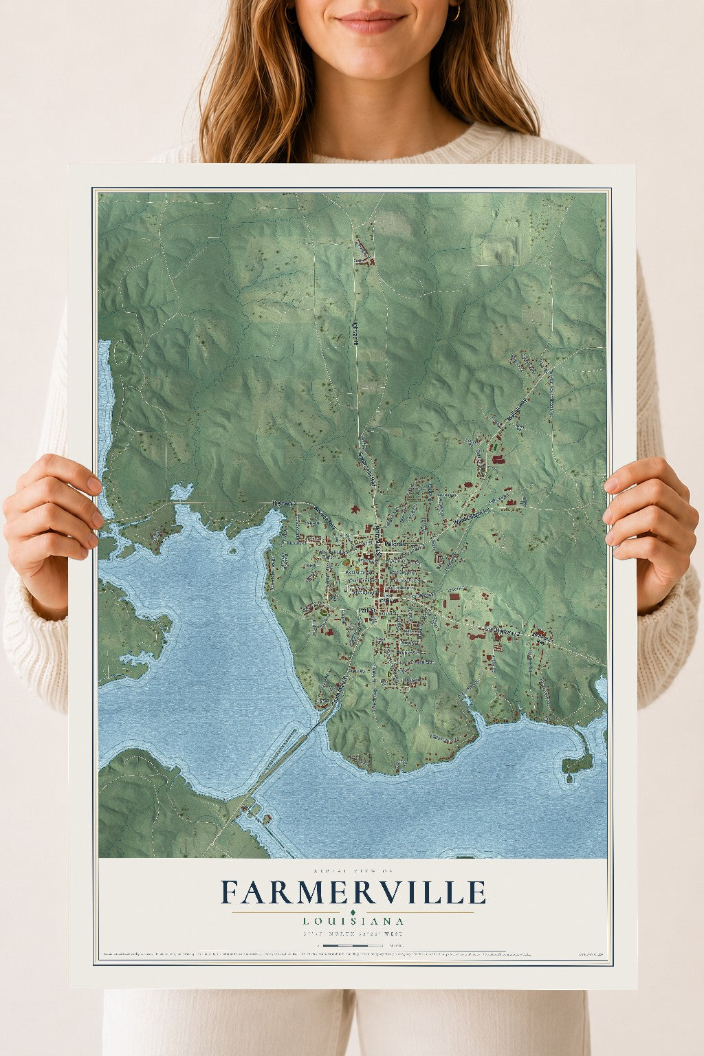 Map of Farmerville, Louisiana, 18 x 24 inch unframed archival matte print