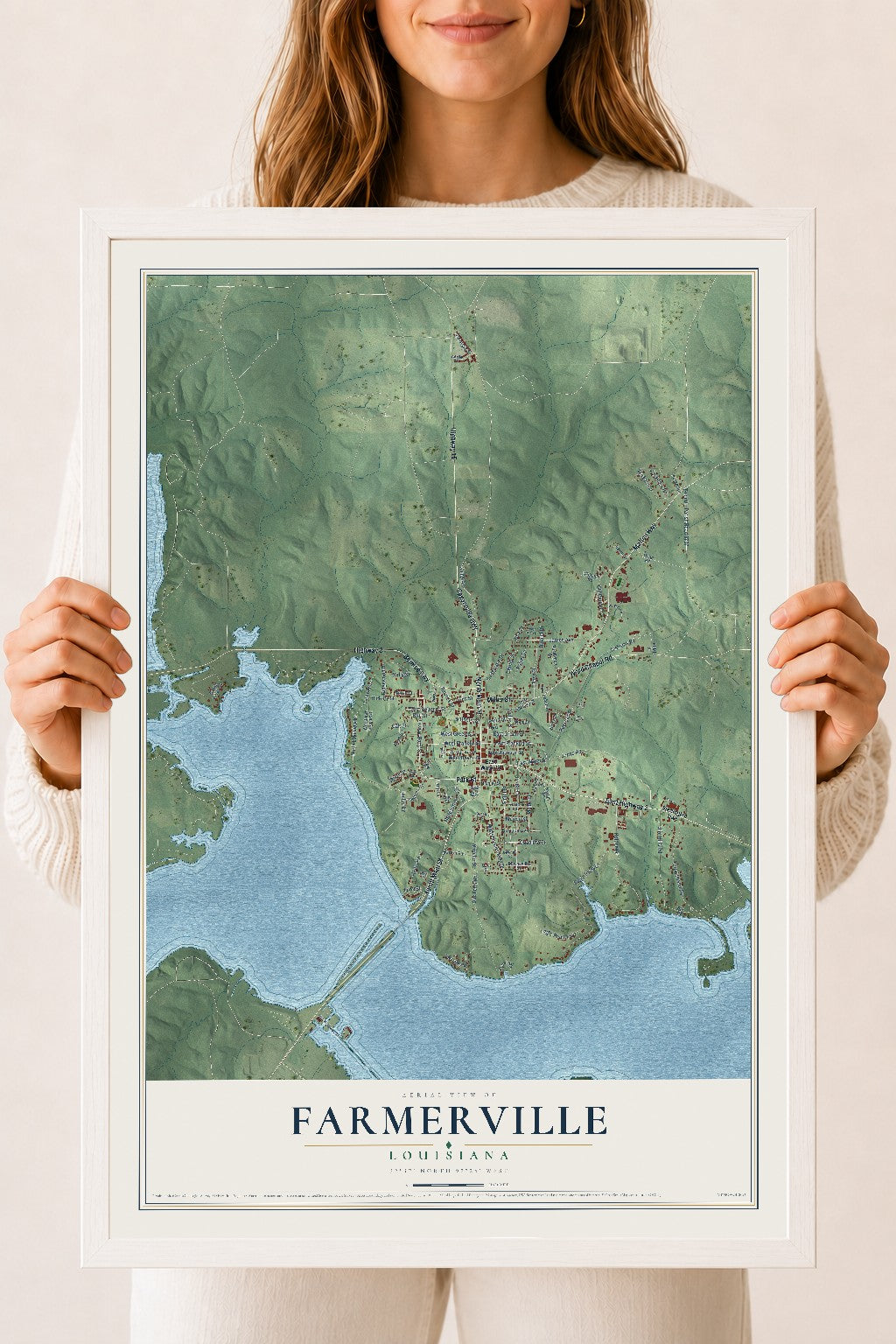 Map of Farmerville, Louisiana, 18 x 24 inch print in a white wood frame
