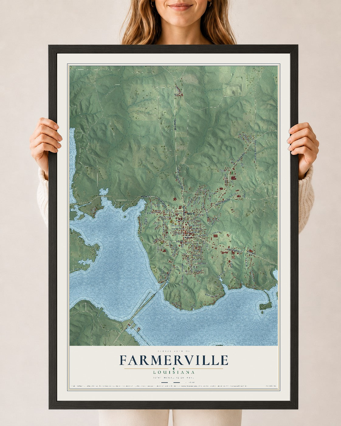 Map of Farmerville, Louisiana, 24 x 36 inch print in a black wood frame