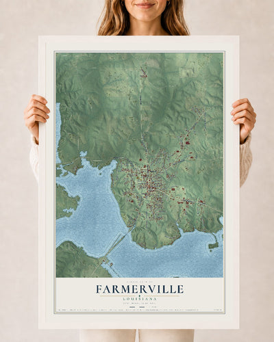 Map of Farmerville, Louisiana, 24 x 36 inch print in a white wood frame