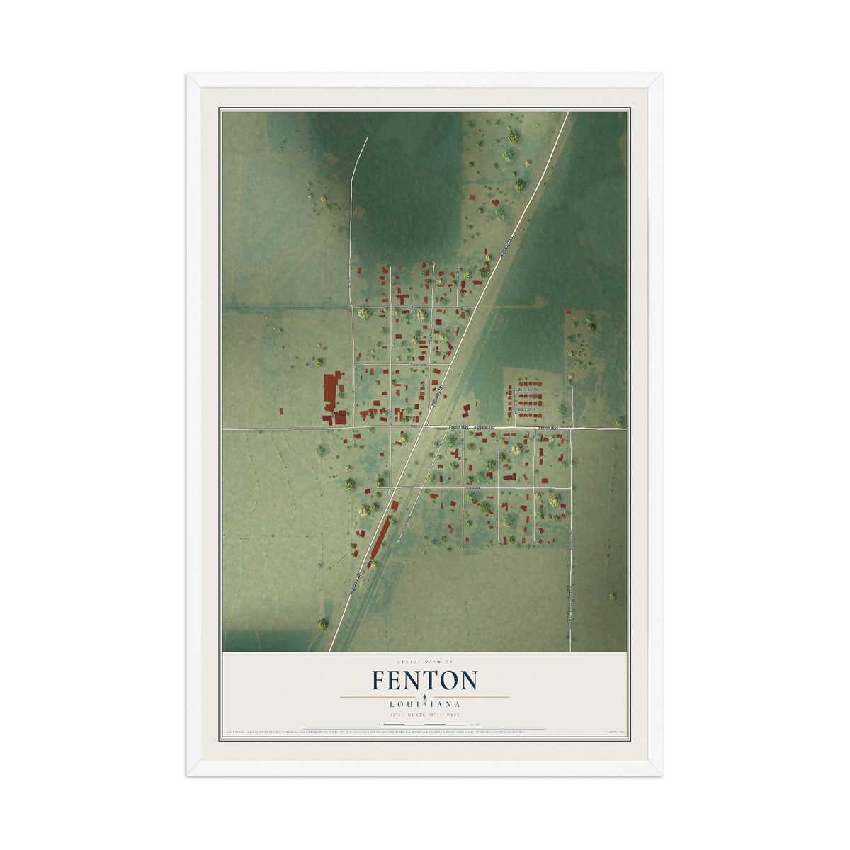 Map of Fenton, Louisiana, 12 x 18 inch print in a white wood frame
