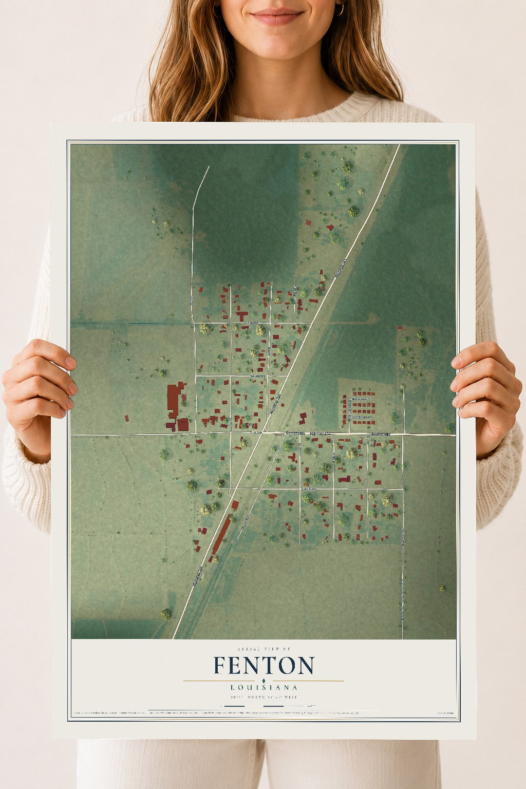 Map of Fenton, Louisiana, 18 x 24 inch unframed archival matte print
