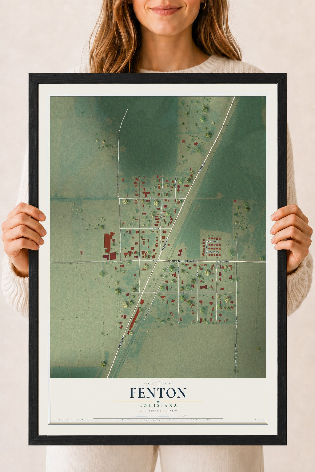 Map of Fenton, Louisiana, 18 x 24 inch print in a black wood frame