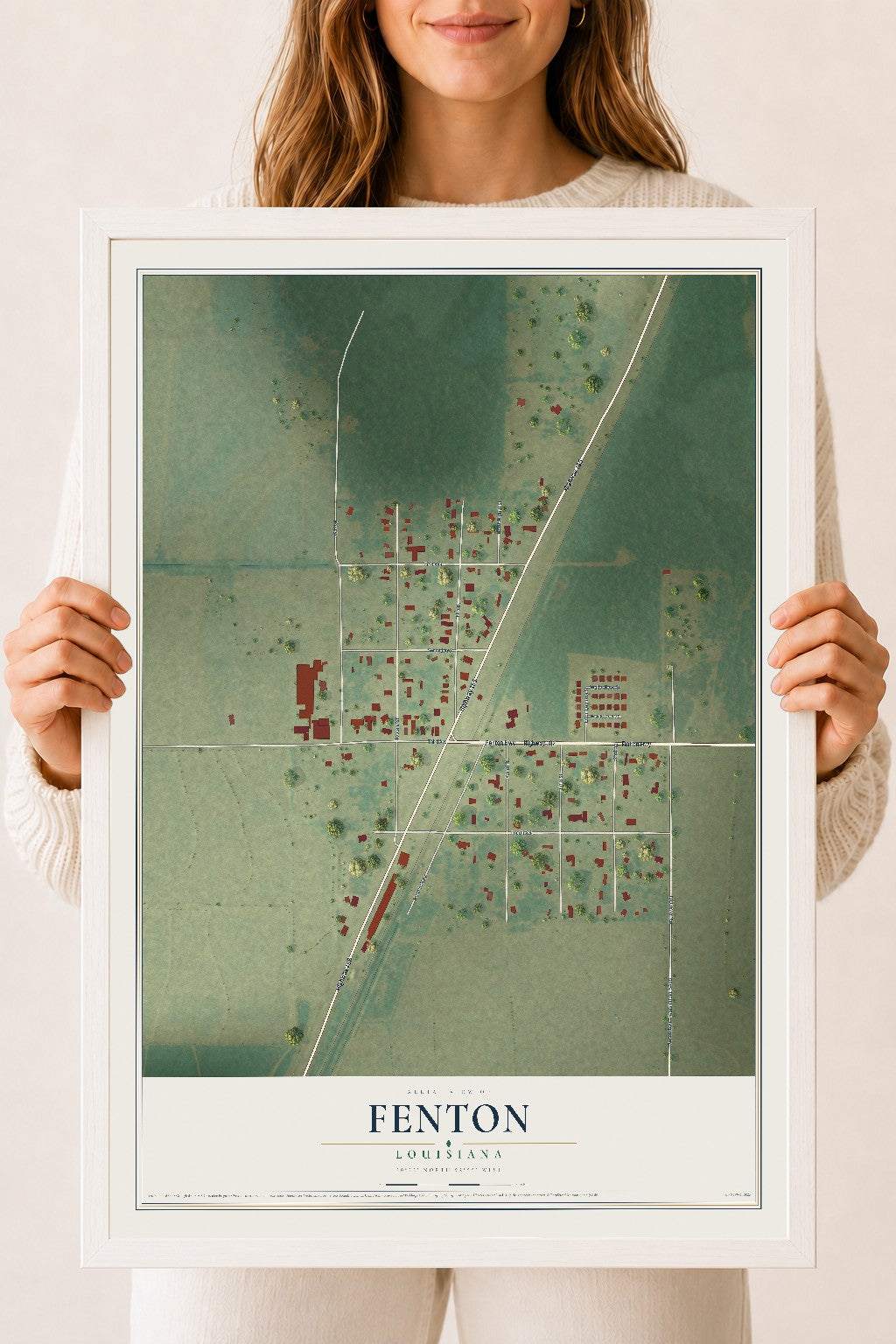 Map of Fenton, Louisiana, 18 x 24 inch print in a white wood frame
