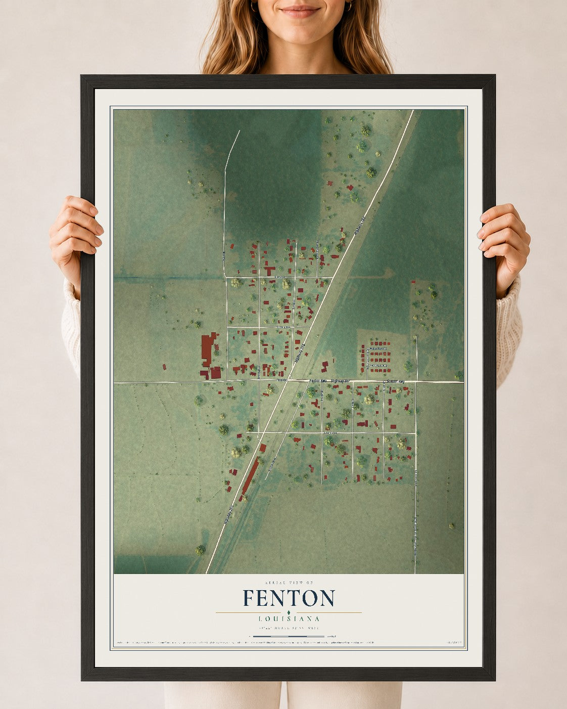 Map of Fenton, Louisiana, 24 x 36 inch print in a black wood frame