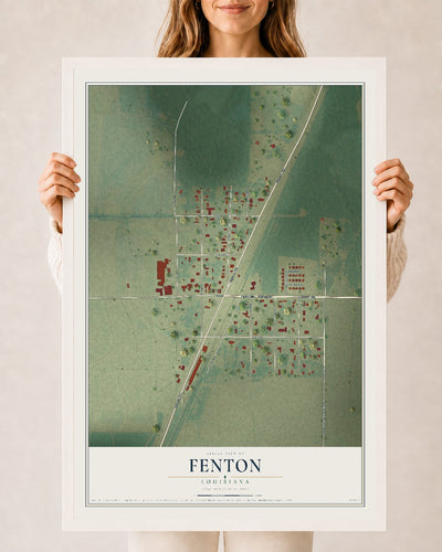 Map of Fenton, Louisiana, 24 x 36 inch print in a white wood frame