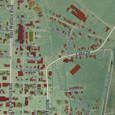 Second close-up of the map of Ferriday, Louisiana print showing more streets and buildings