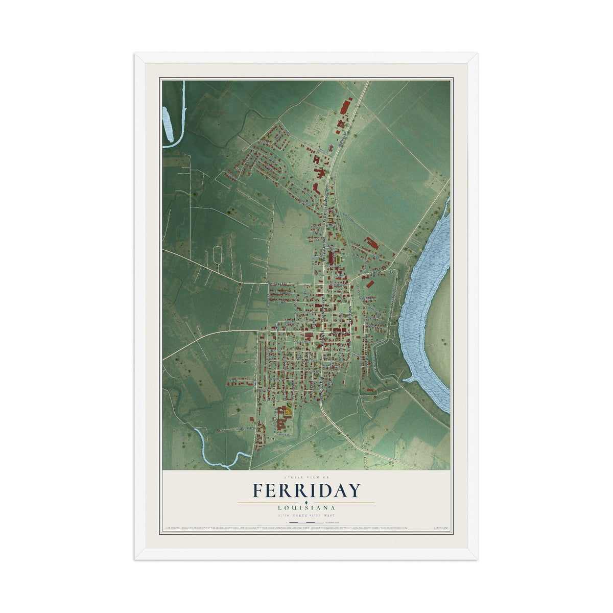 Map of Ferriday, Louisiana, 12 x 18 inch print in a white wood frame