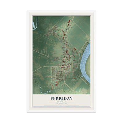 Map of Ferriday, Louisiana, 12 x 18 inch print in a white wood frame