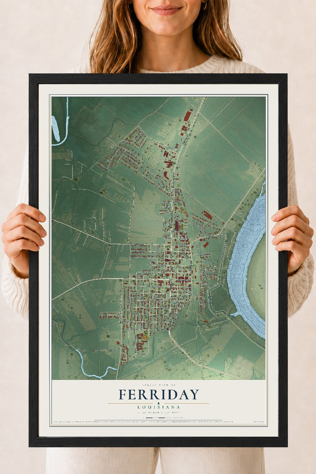Map of Ferriday, Louisiana, 18 x 24 inch print in a black wood frame