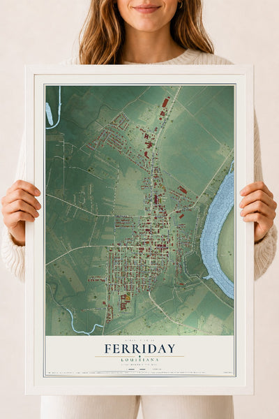 Map of Ferriday, Louisiana, 18 x 24 inch print in a white wood frame