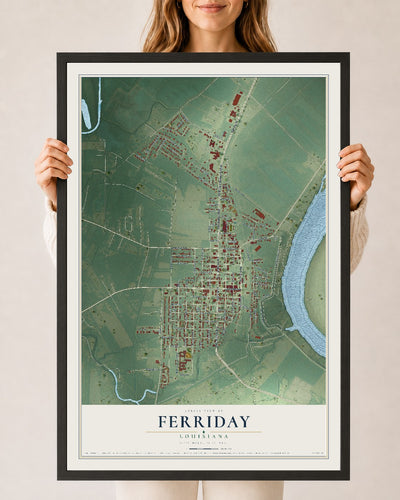Map of Ferriday, Louisiana, 24 x 36 inch print in a black wood frame